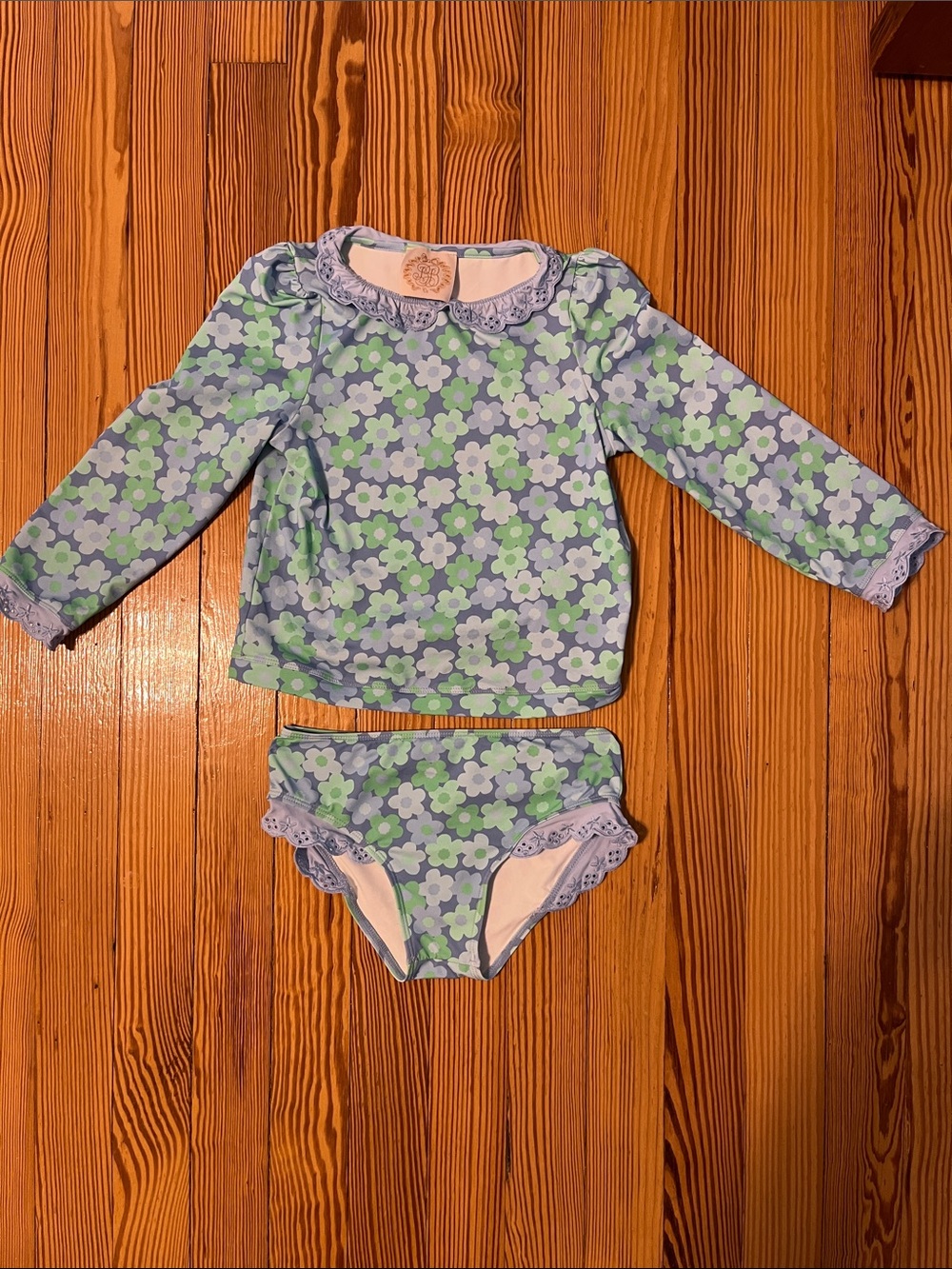 TBBC Girls' Floral Long-Sleeve Rash Guard Swim Set - Blue & Green